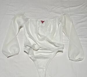 GUESS Womens M White Bodysuit Sheer Long Sleeve Surplice Draped Thong Y2K